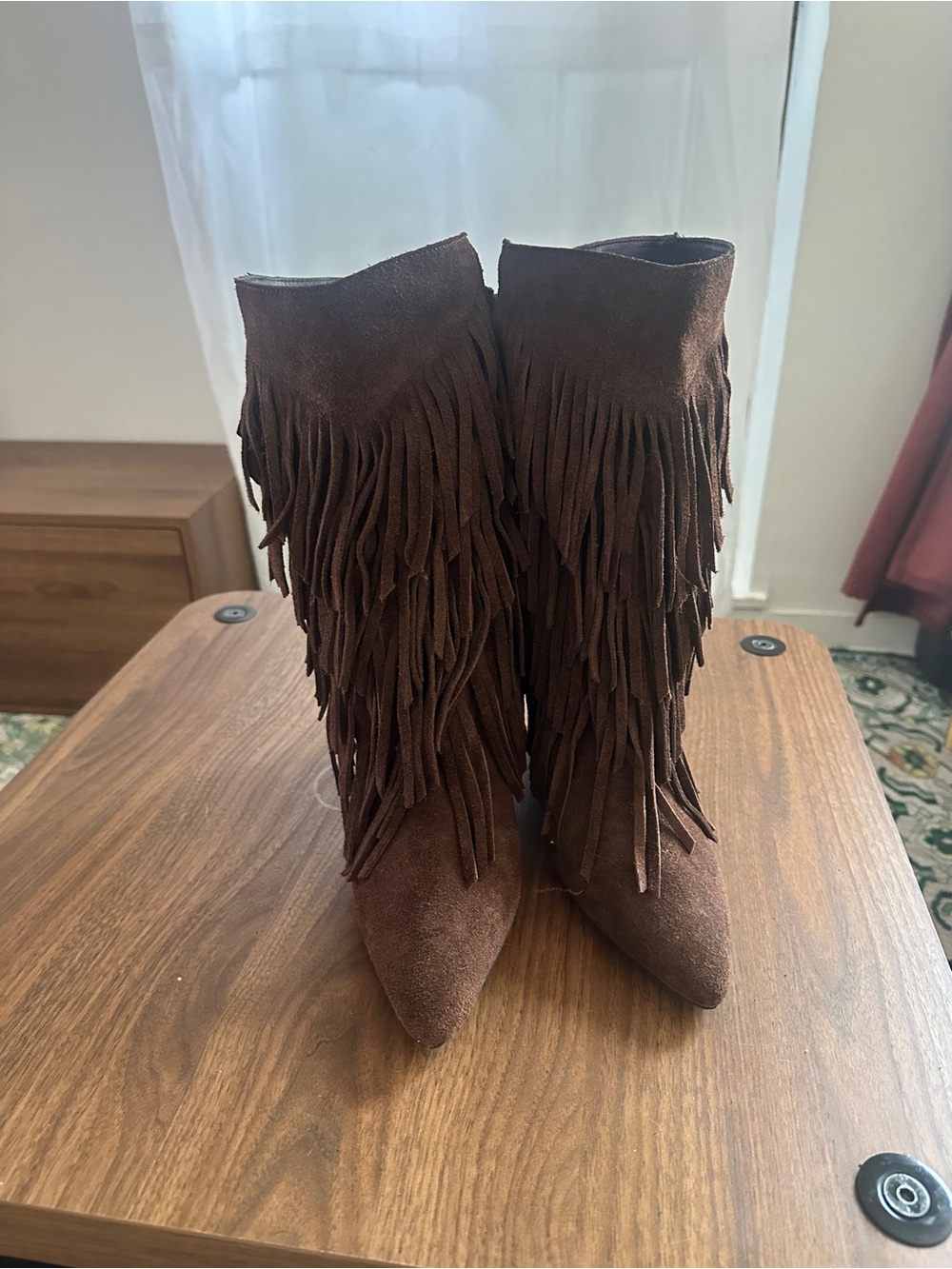 H&M Brown Suede Fringe Pointed-Toe Heeled Boots
